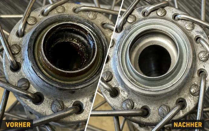 Vergleich von Fahrradkomponenten mit einem vor und einem nach der Pflege